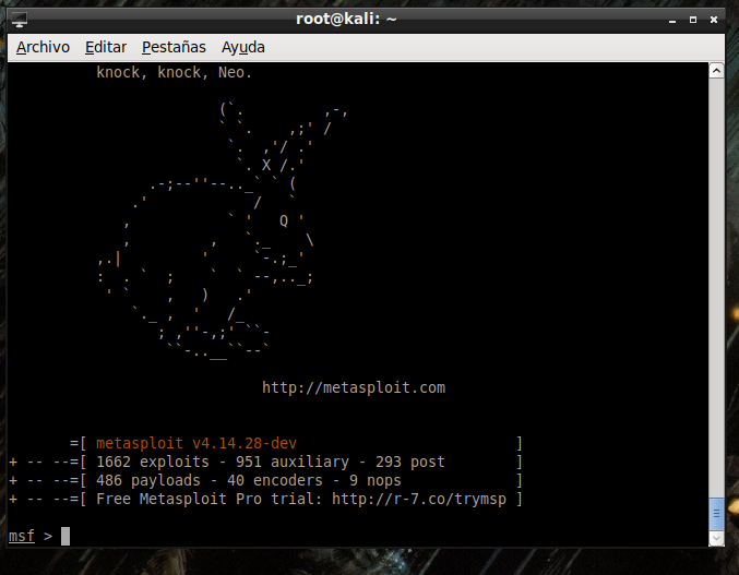 Pantalla inicio de Metasploit