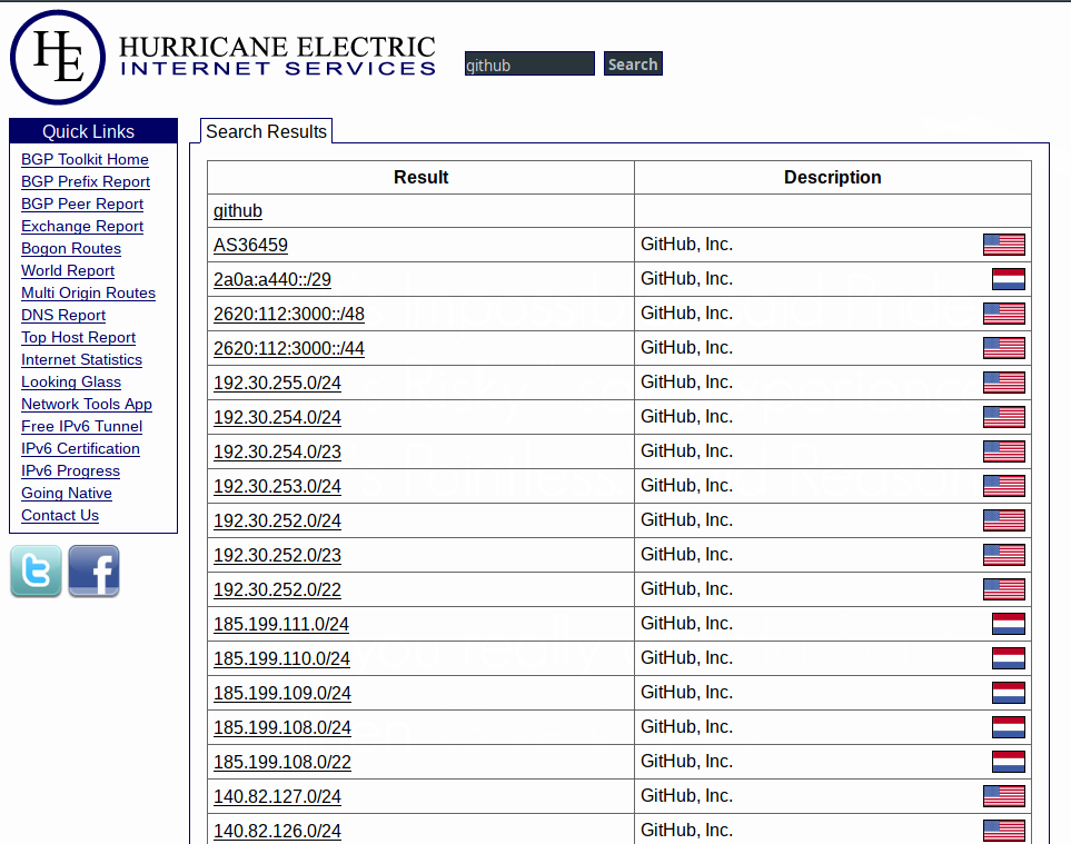 Captura de pantalla usando BGP.HE.NET para ver el rango de ips de Github