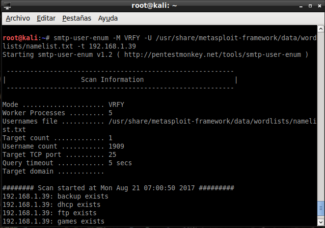 Usando el programa smtp-user-enum en Kali Linux